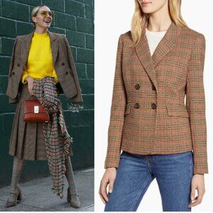 HALOGEN x ATLANTIC-PACIFIC Peplum Plaid Double-Breasted Brown Blazer Size 22